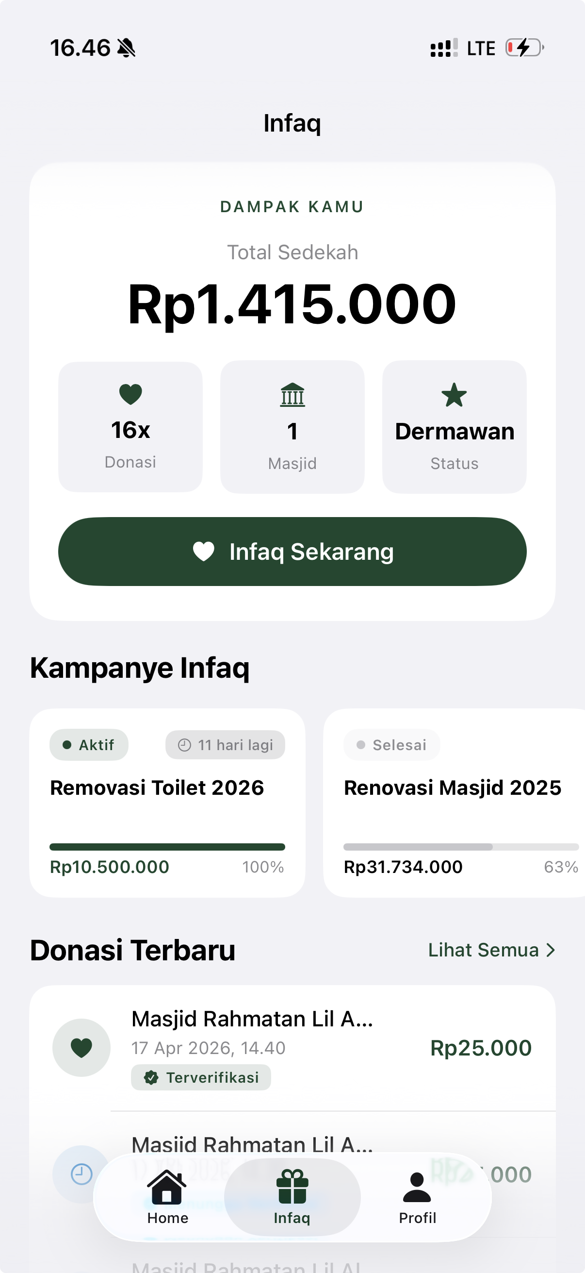 OneMasjid Infaq screen